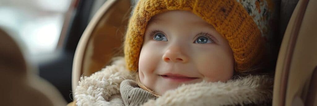 Bebé sonriente con gorro amarillo en coche.