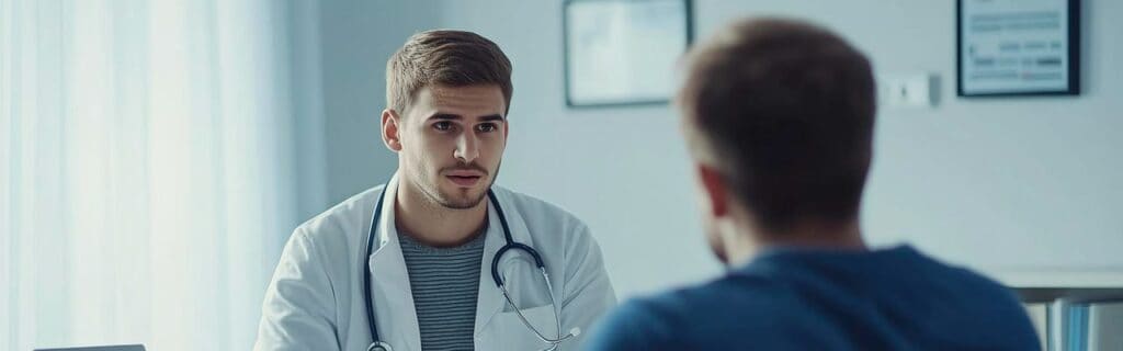 Médico conversa con paciente en consulta hospitalaria.