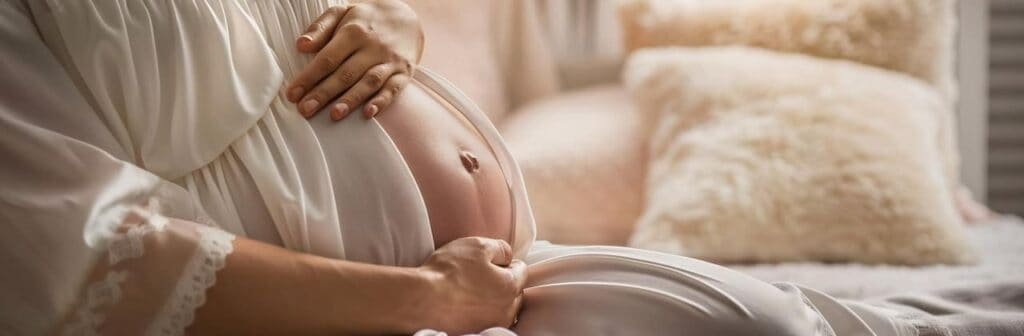 Mujer embarazada acariciando su barriga en sofá