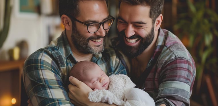 Pareja sonríe sosteniendo a su bebé recién nacido.